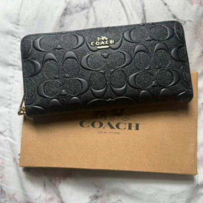 COACH Embossed Signature Leather Accordion Zip Long Wallet Black