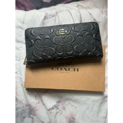 COACH Embossed Signature Leather Accordion Zip Long Wallet Black