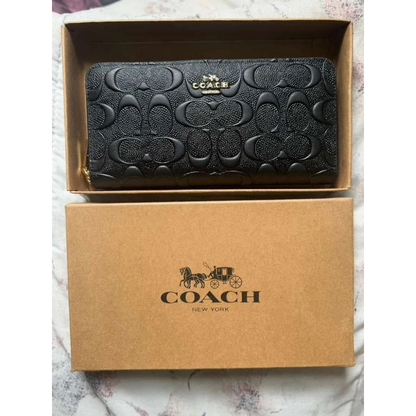 COACH Embossed Signature Leather Accordion Zip Long Wallet Black